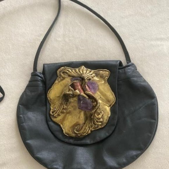 Vintage Copa Collection Brutalist Amethyst Brass Black leather 1970s bag - Picture 1 of 6